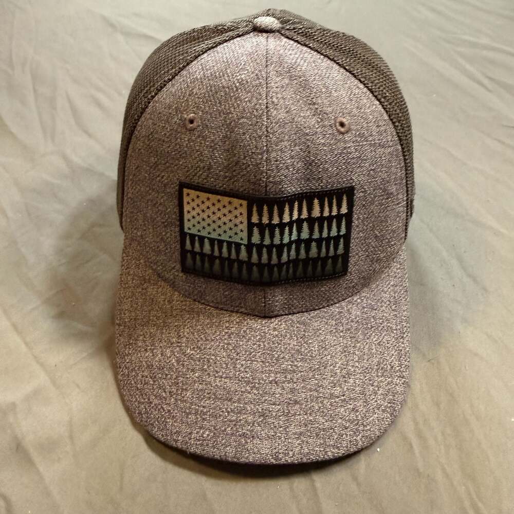 Columbia Gray Mesh Trucker Hat Black American Flag Pine Trees Snapback Cap